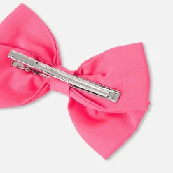 Barrette enfant fille nœud en taffetas - rose fluo