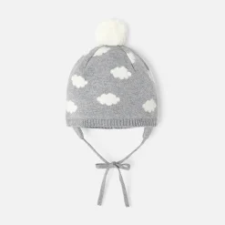 Bonnet bébé garçon à pompon - gris/ecru