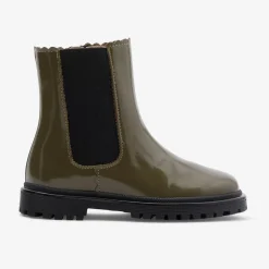Chelsea boots enfant fille en cuir lisse - kaki