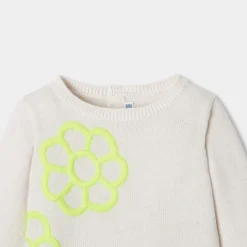 Pull bébé fille à fleurs rebrodées - blanc doux jacadi