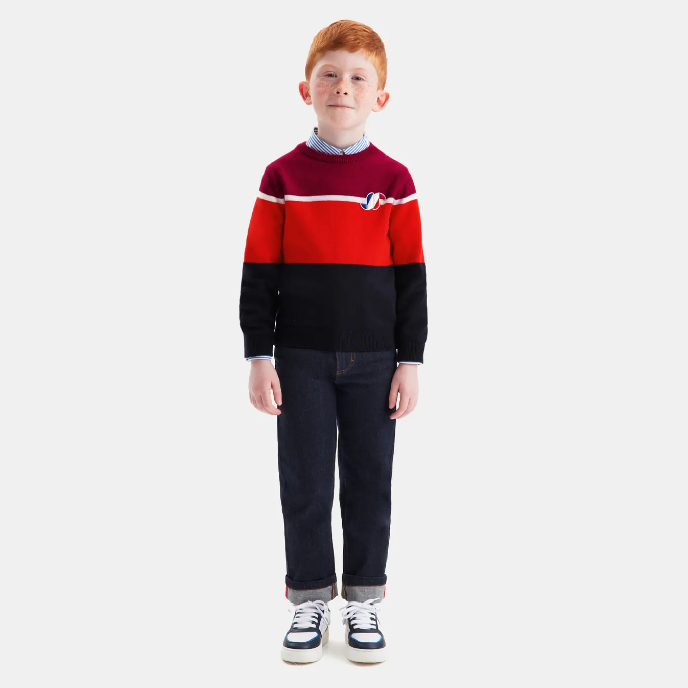 Pull enfant garçon color block - marine/rouge