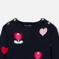 Robe enfant fille jacquard fleurs et cœurs - bleu/multicolore