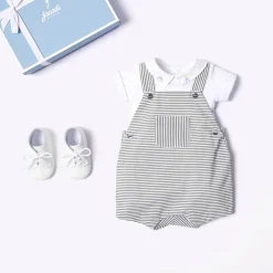 Salopette bébé garçon en popeline rayée - gris/blanc